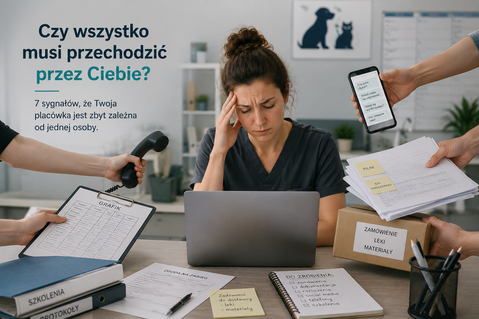 Organizacja pracy placówki weterynaryjnej - właścicielka przeciążona zadaniami administracyjnymi, telefonami i pytaniami zespołu